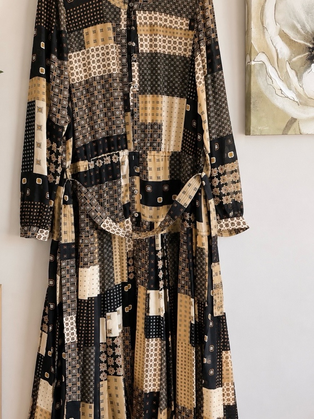 Banana Republic Black and Cream Patchwork Long-Sleeve Maxi Dress